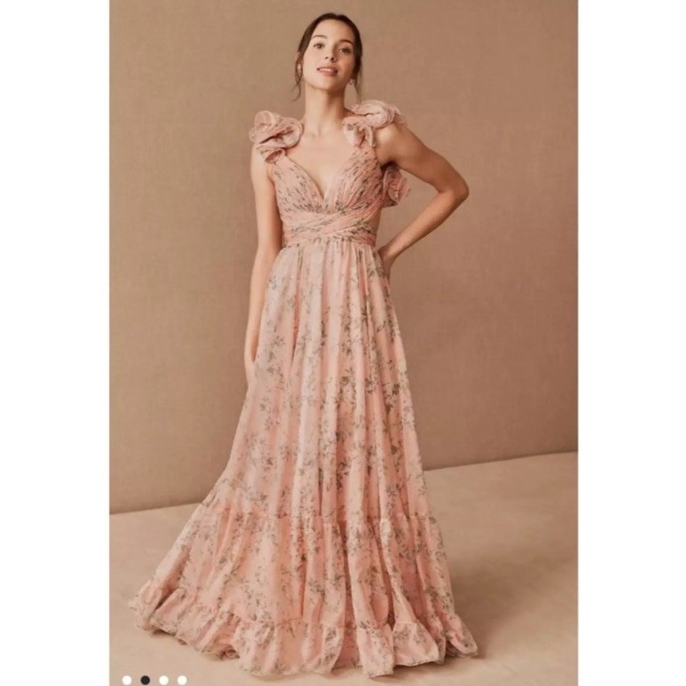Mac Duggal Pink/Peach Ruffle Tiered Floral Cut-Out Chiffon Gown Size 2